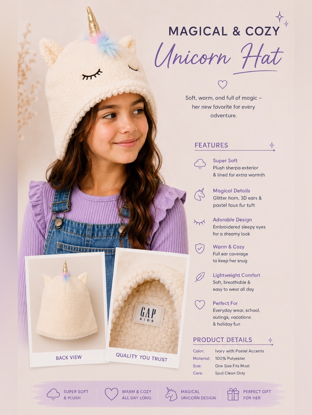 GAP Kids Ivory Unicorn Hat with Pastel Accents